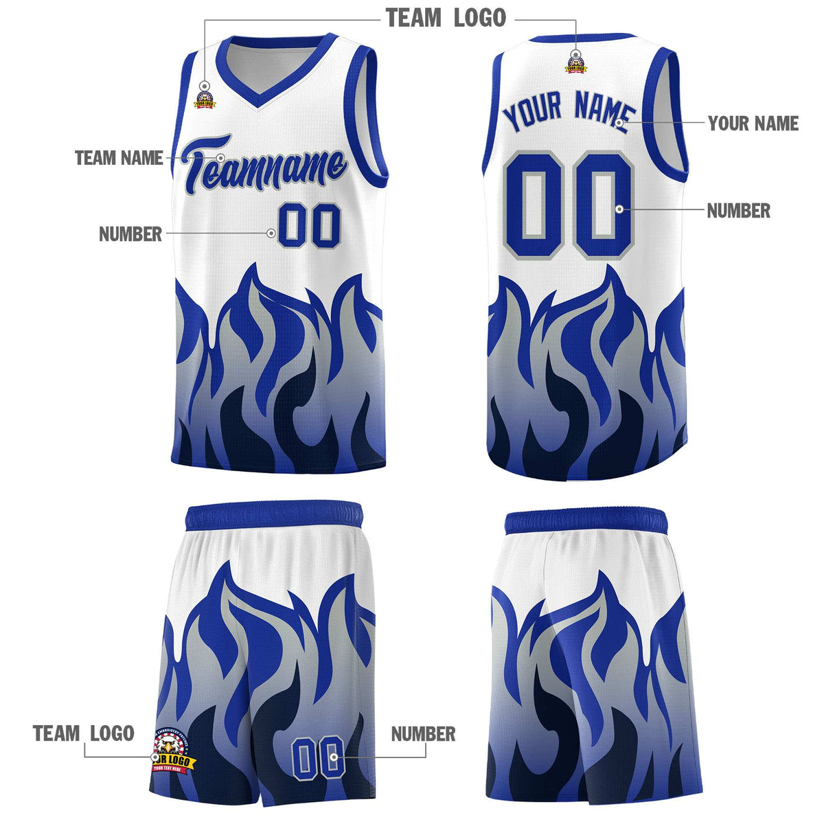 Custom White Royal Hem Flame Pattern Fashion Sports Uniform Basketball Kits