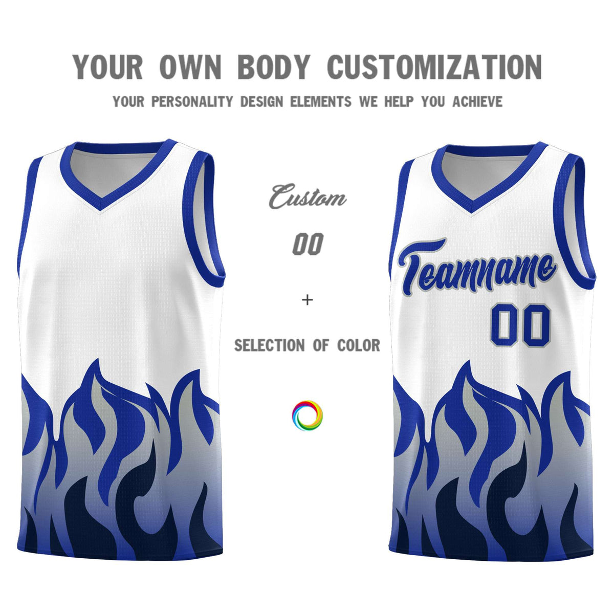 Custom White Royal Hem Flame Pattern Fashion Sports Uniform Basketball Kits