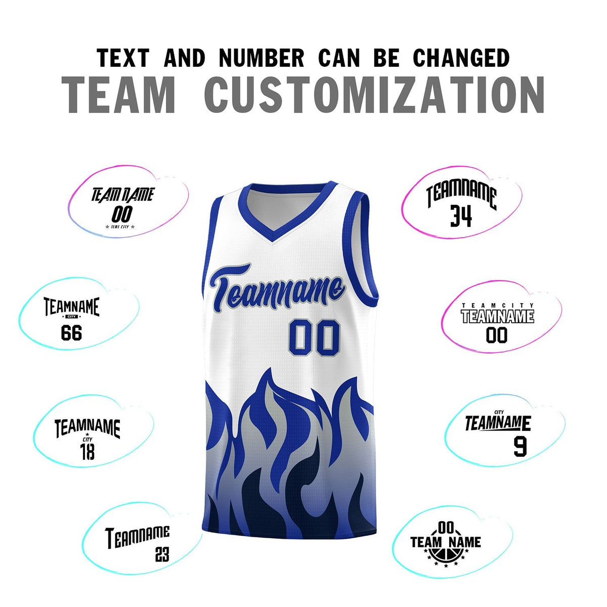 Custom White Royal Hem Flame Pattern Fashion Sports Uniform Basketball Kits