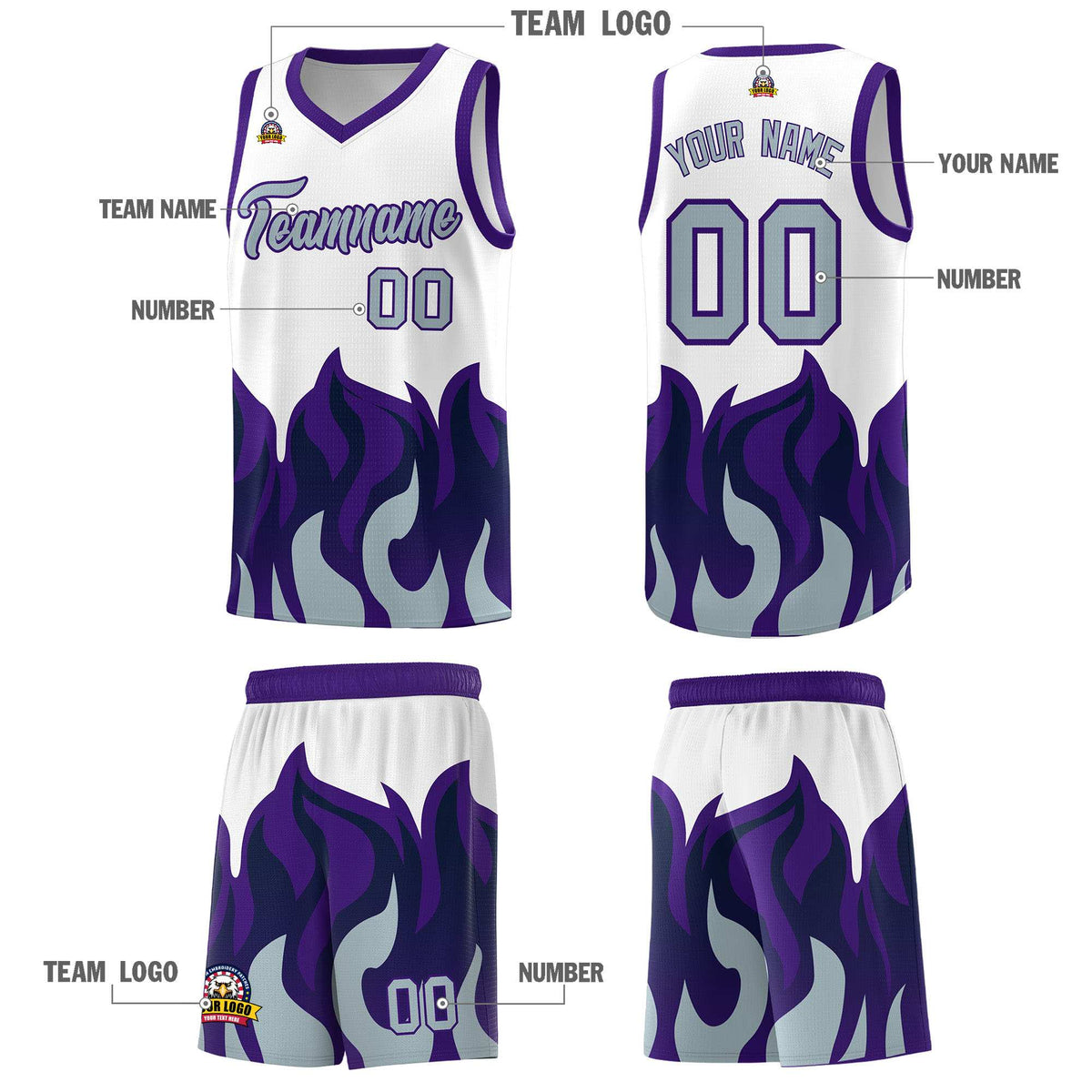 Custom White Purple Hem Flame Pattern Fashion Sports Uniform Basketball Kits