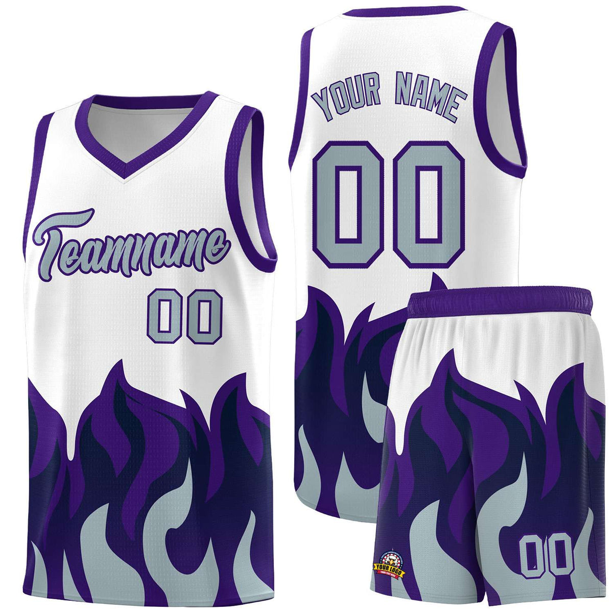 Custom White Purple Hem Flame Pattern Fashion Sports Uniform Basketball Kits