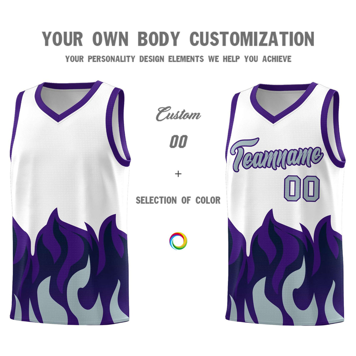 Custom White Purple Hem Flame Pattern Fashion Sports Uniform Basketball Kits