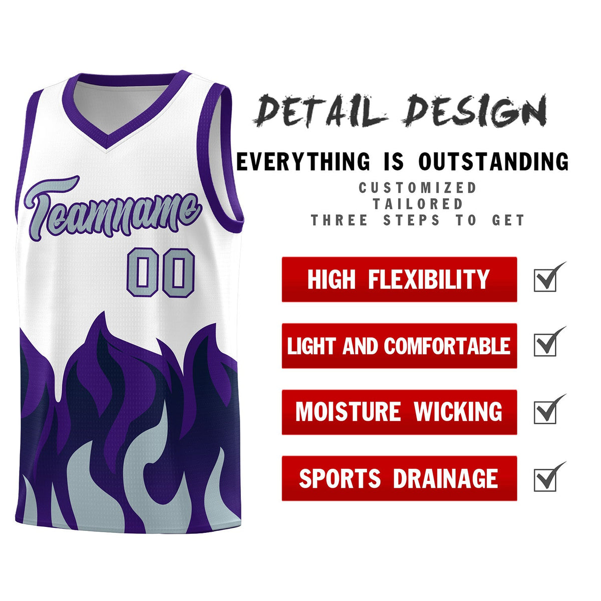 Custom White Purple Hem Flame Pattern Fashion Sports Uniform Basketball Kits