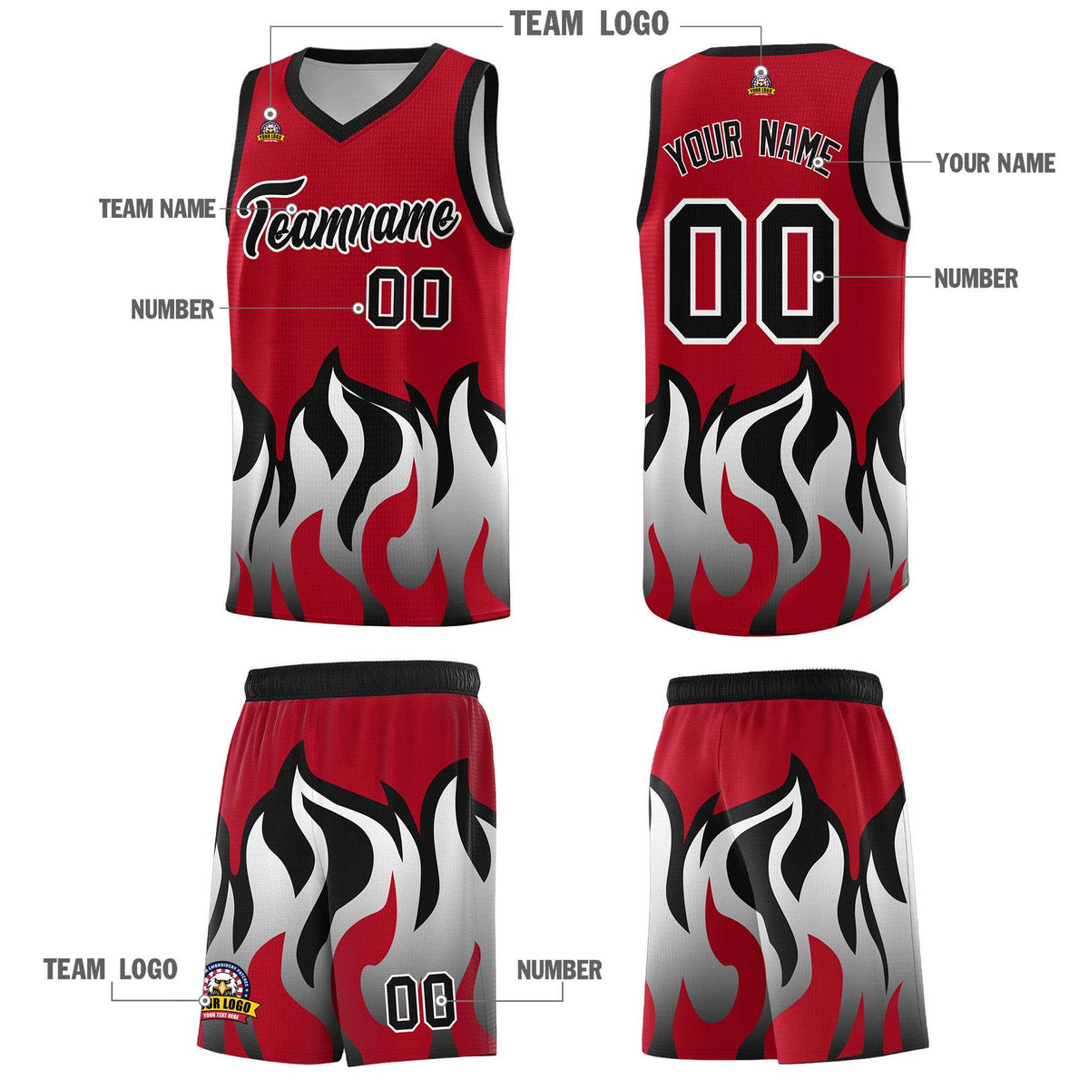 Custom Red Black Hem Flame Pattern Fashion Sports Uniform Basketball Kits
