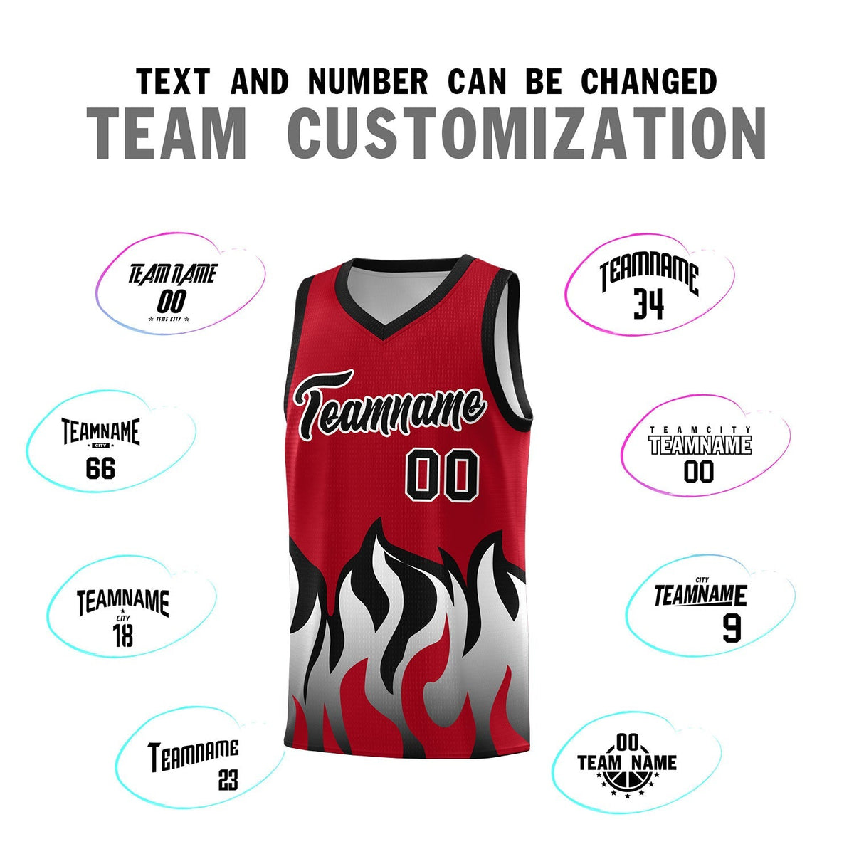 Custom Red Black Hem Flame Pattern Fashion Sports Uniform Basketball Kits