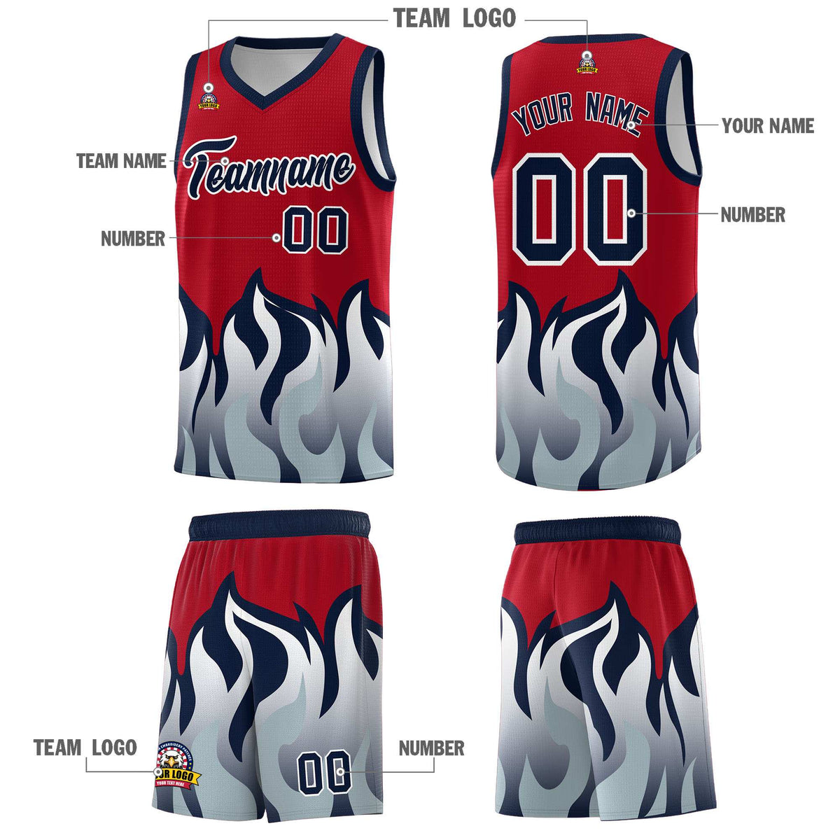 Custom Red Navy Hem Flame Pattern Fashion Sports Uniform Basketball Kits