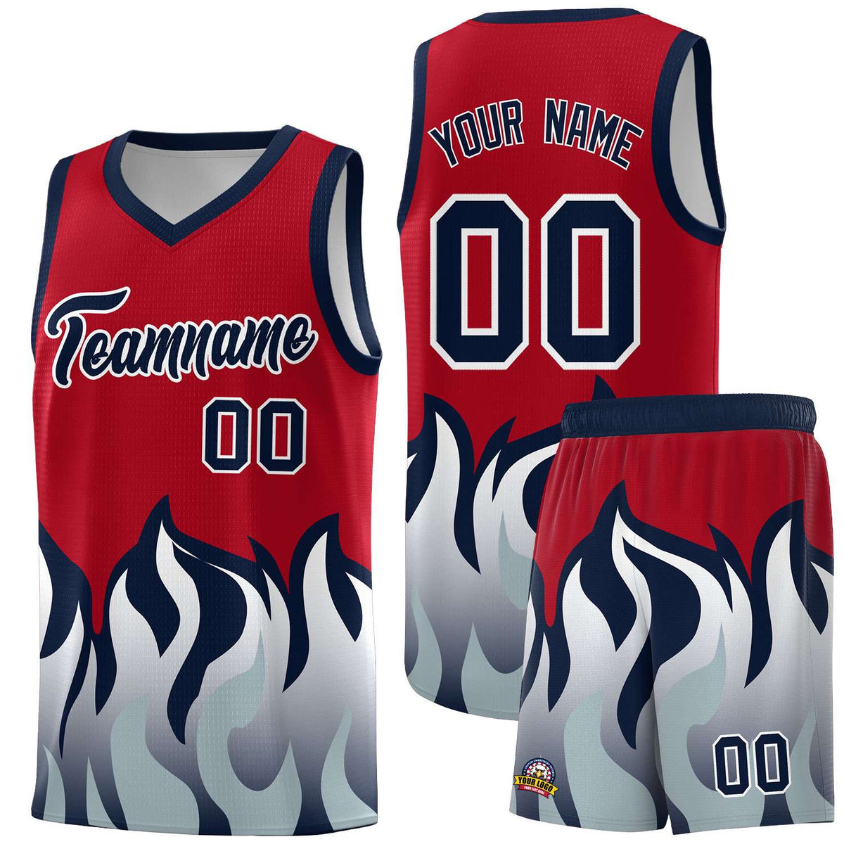 Custom Red Navy Hem Flame Pattern Fashion Sports Uniform Basketball Kits