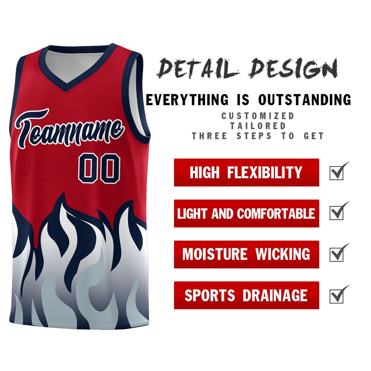 Custom Red Navy Hem Flame Pattern Fashion Sports Uniform Basketball Kits