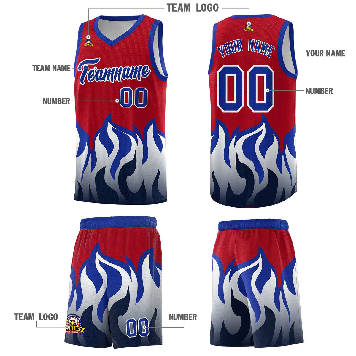 Custom Red Royal Hem Flame Pattern Fashion Sports Uniform Basketball Kits