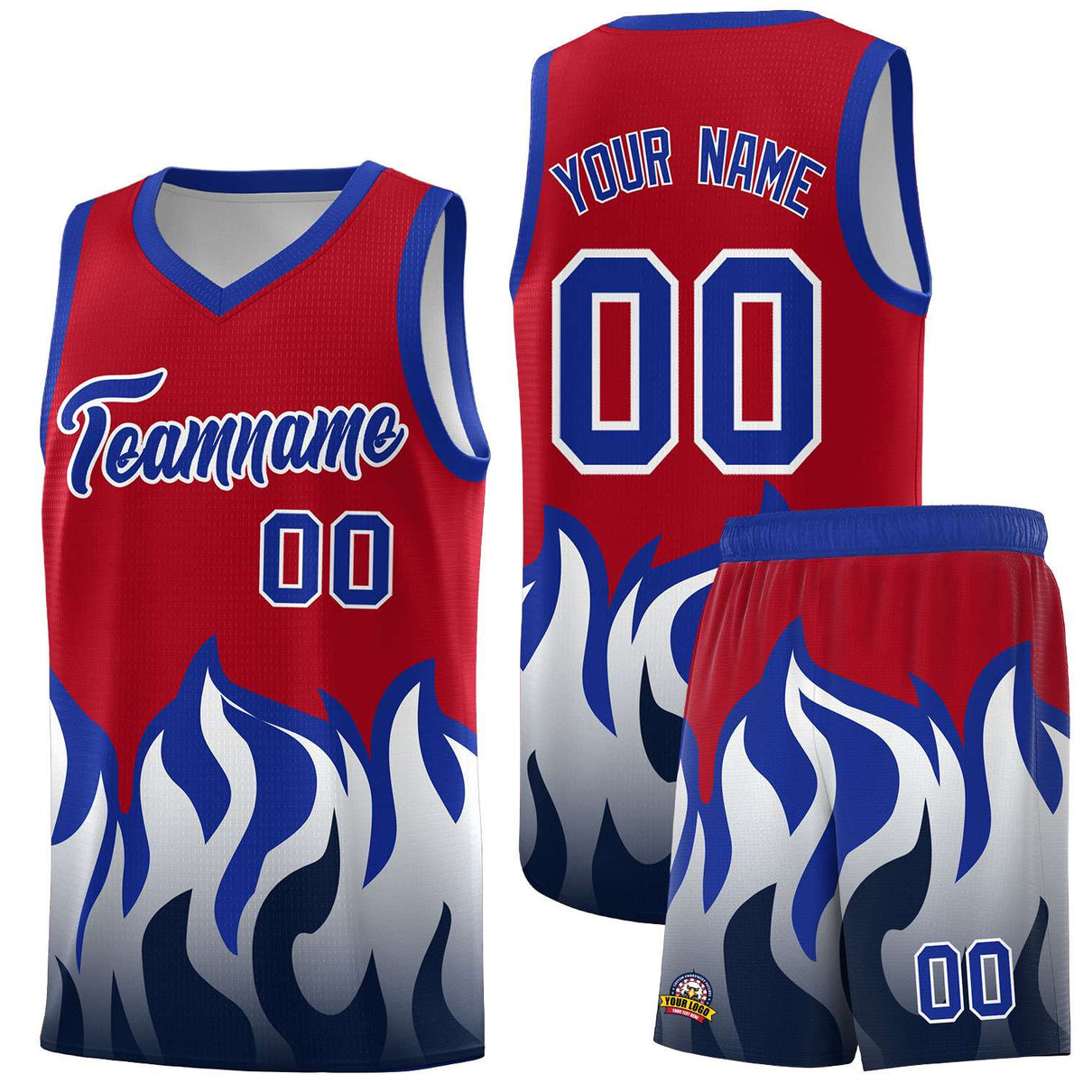 Custom Red Royal Hem Flame Pattern Fashion Sports Uniform Basketball Kits