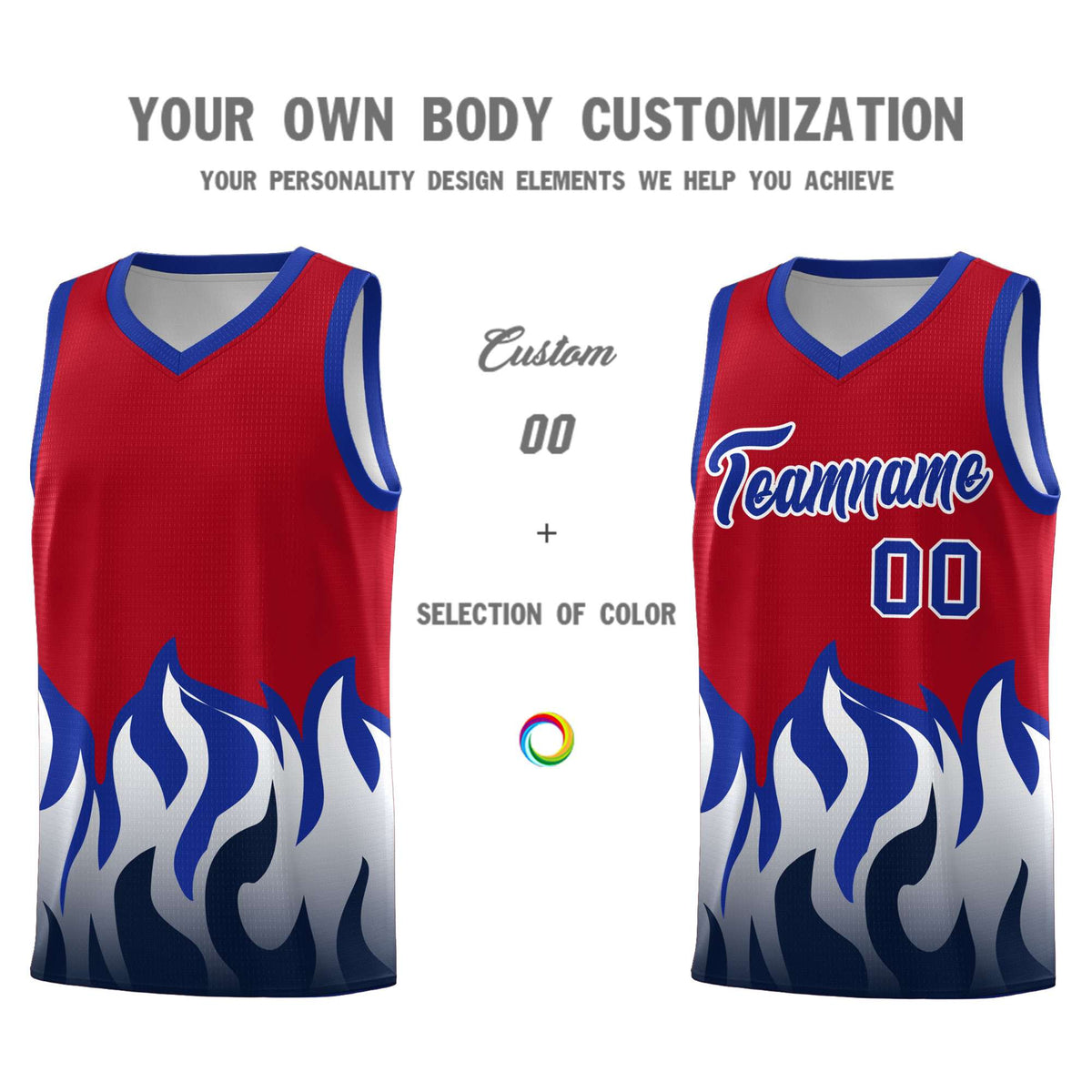 Custom Red Royal Hem Flame Pattern Fashion Sports Uniform Basketball Kits