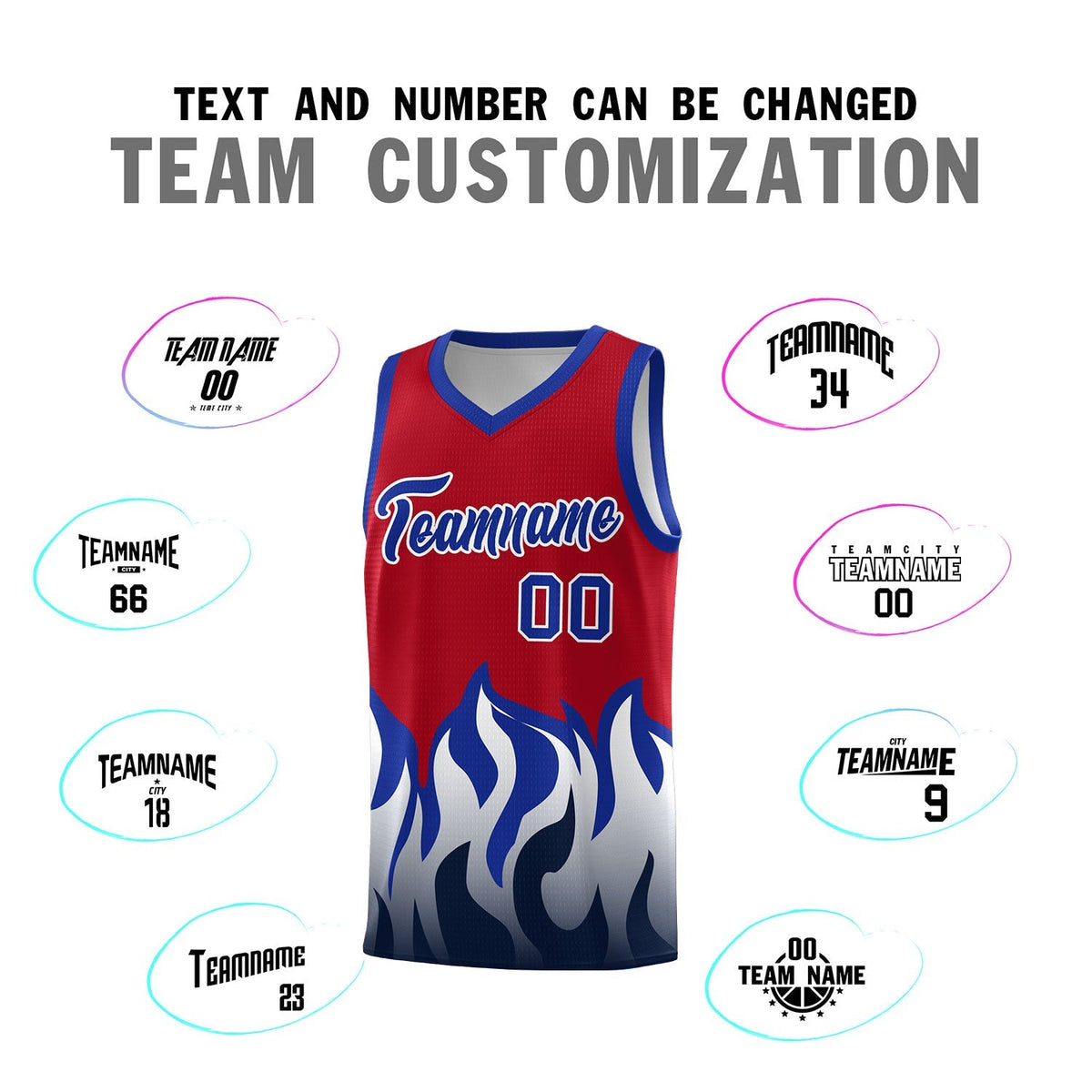 Custom Red Royal Hem Flame Pattern Fashion Sports Uniform Basketball Kits