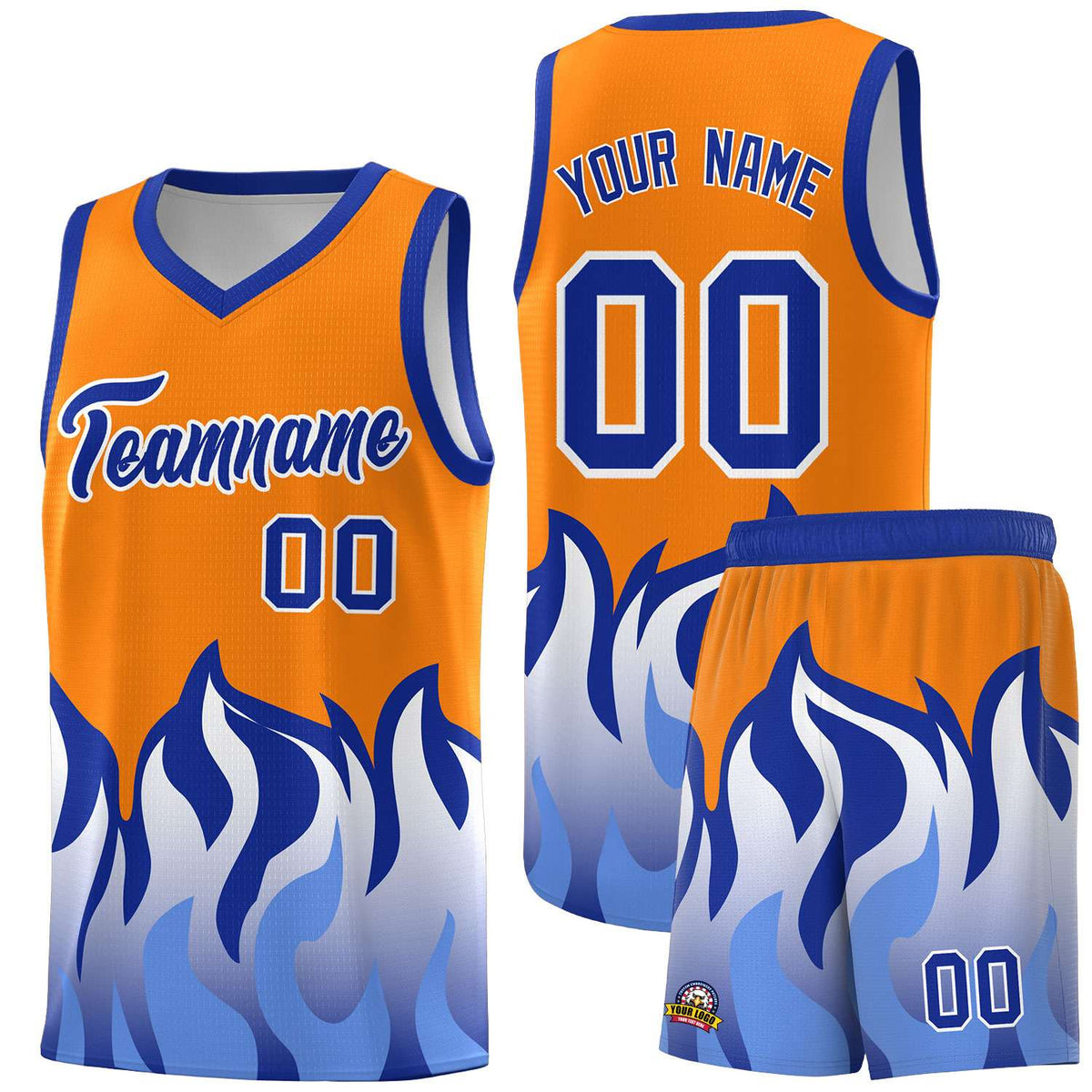 Custom Orange Royal Hem Flame Pattern Fashion Sports Uniform Basketball Kits