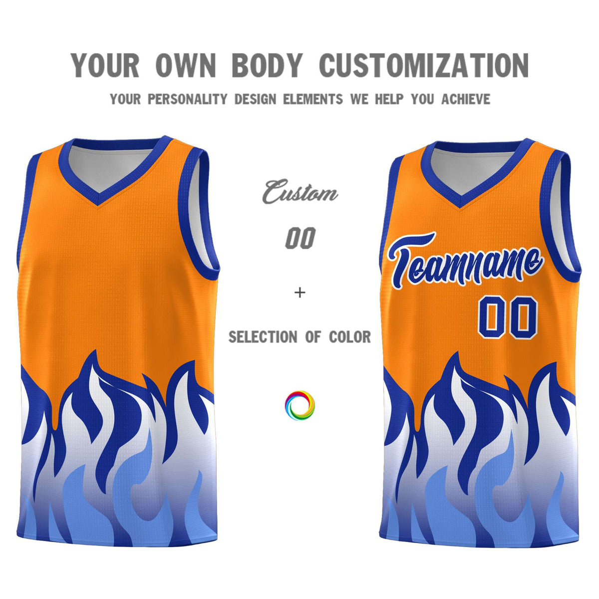 Custom Orange Royal Hem Flame Pattern Fashion Sports Uniform Basketball Kits
