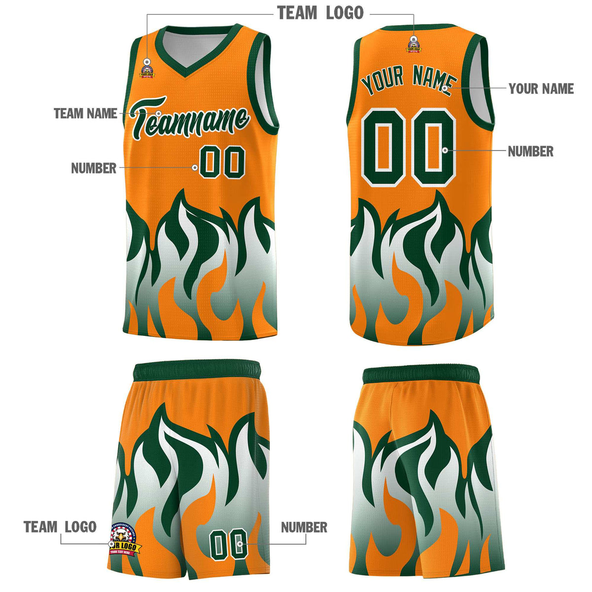 Custom Orange Hunter Green Hem Flame Pattern Fashion Sports Uniform Basketball Kits