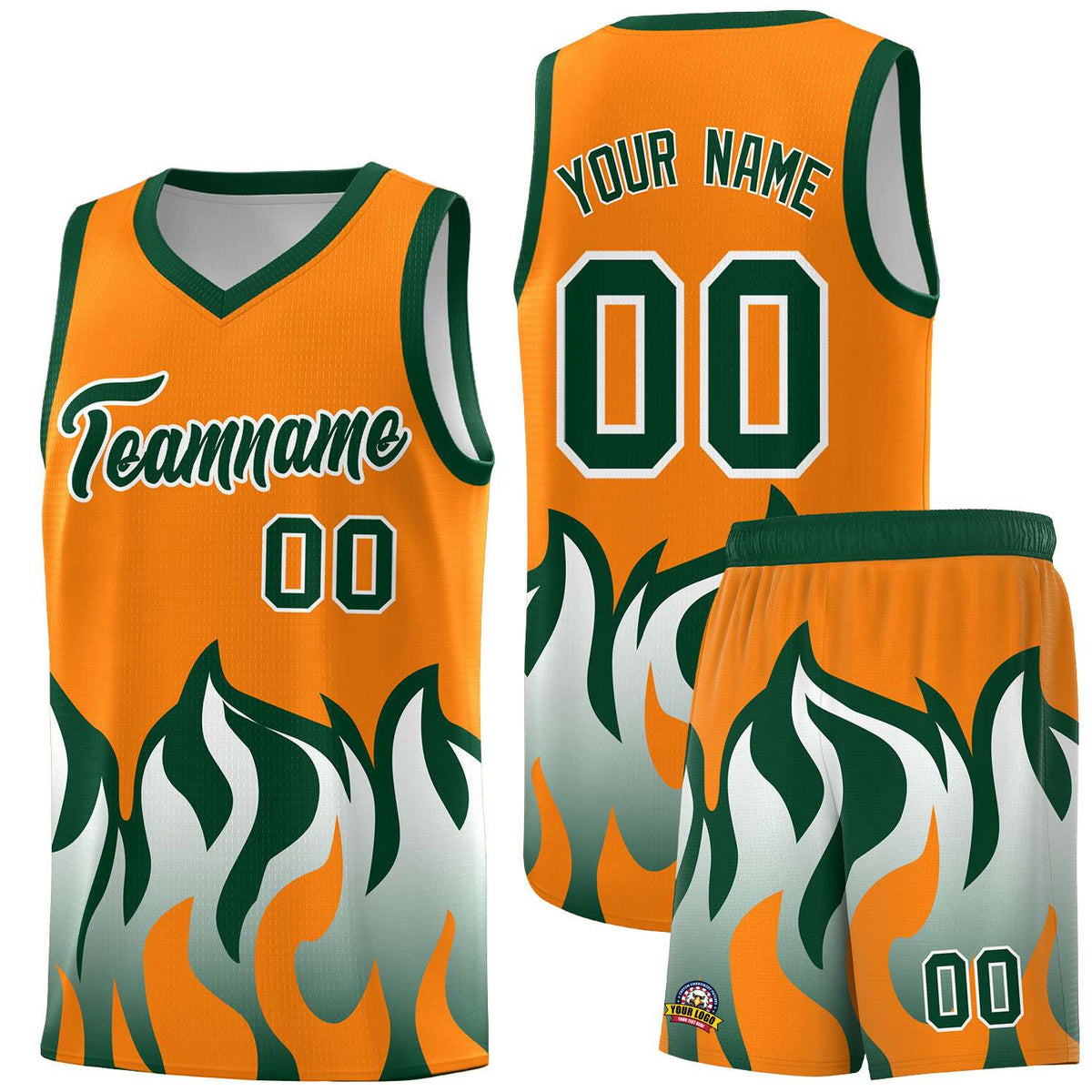 Custom Orange Hunter Green Hem Flame Pattern Fashion Sports Uniform Basketball Kits