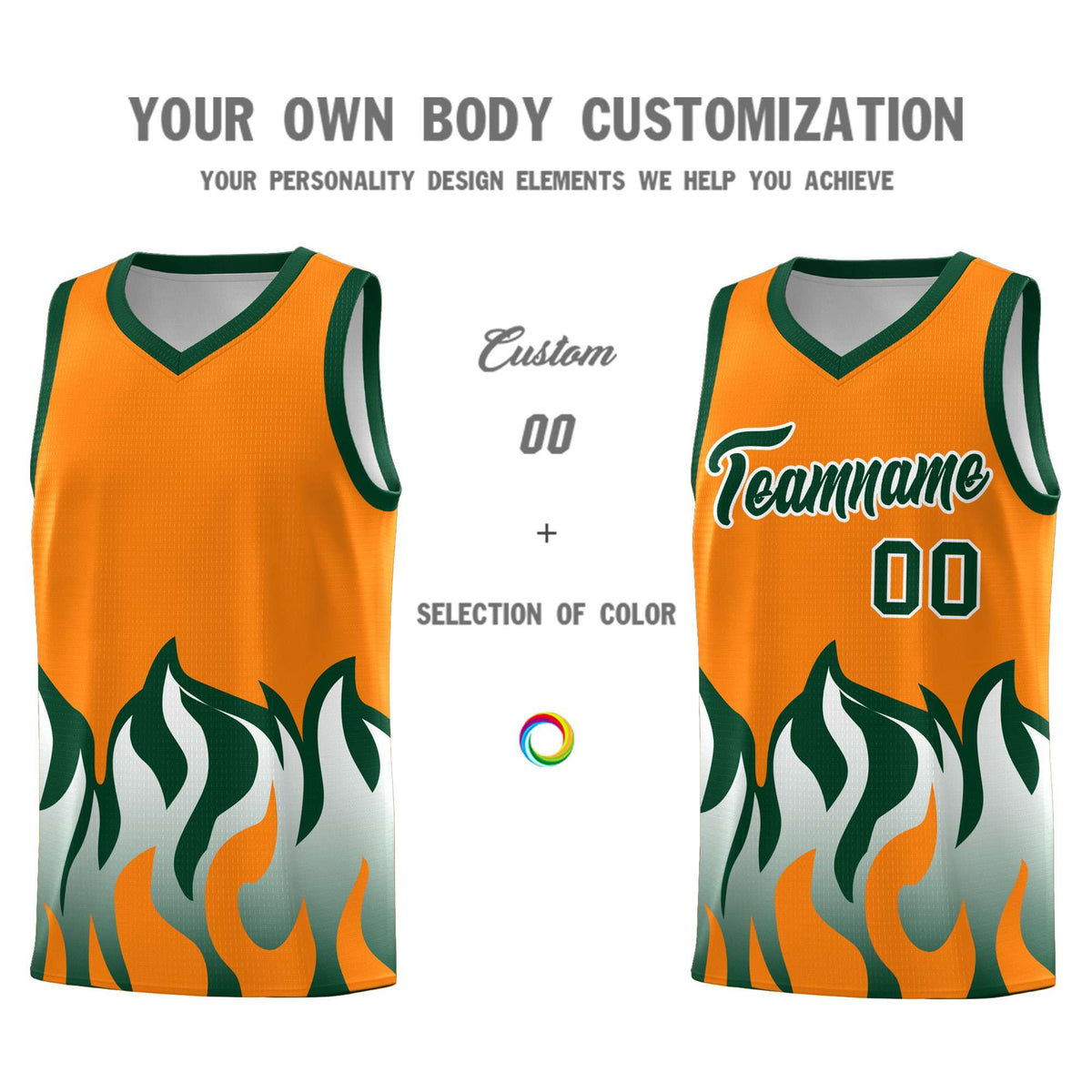 Custom Orange Hunter Green Hem Flame Pattern Fashion Sports Uniform Basketball Kits