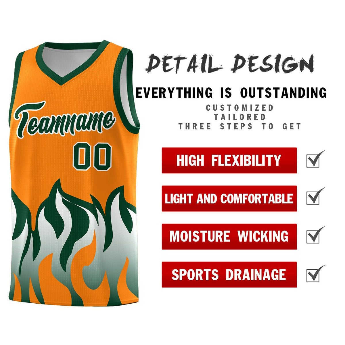 Custom Orange Hunter Green Hem Flame Pattern Fashion Sports Uniform Basketball Kits