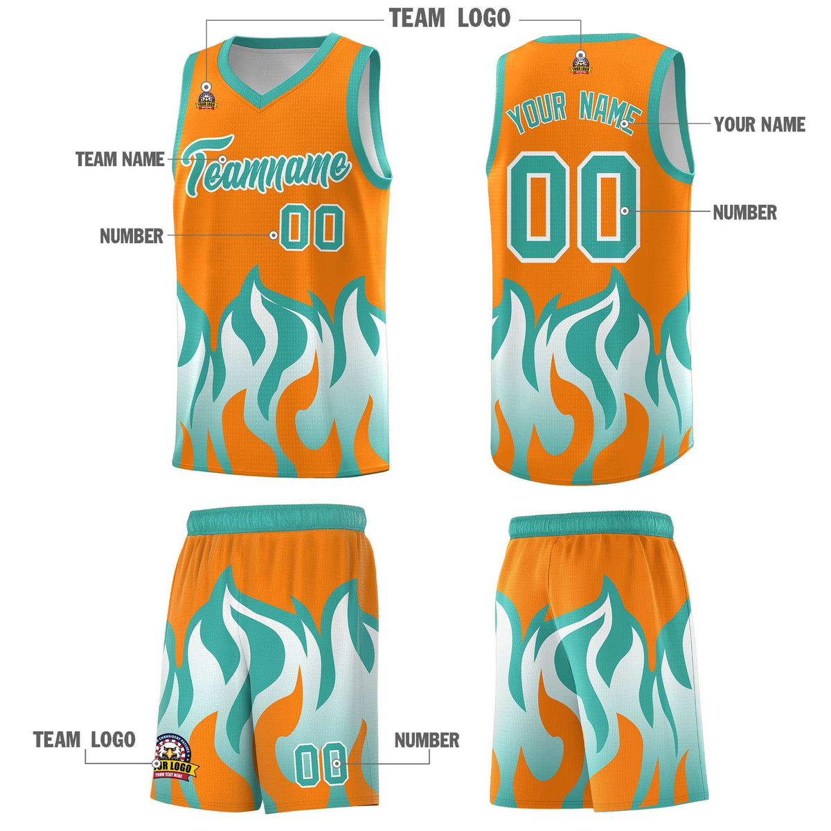 Custom Orange Bright Green Hem Flame Pattern Fashion Sports Uniform Basketball Kits
