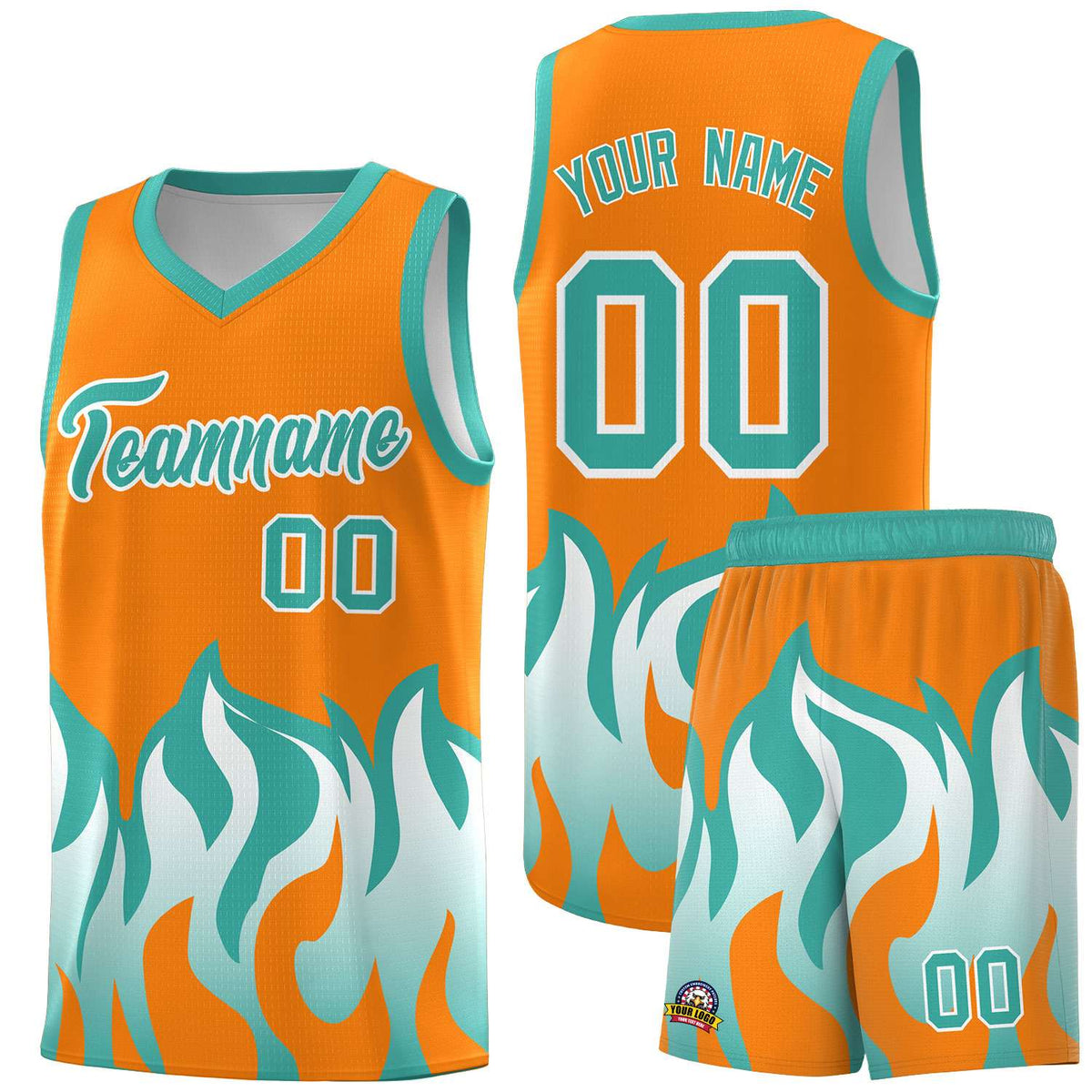 Custom Orange Bright Green Hem Flame Pattern Fashion Sports Uniform Basketball Kits