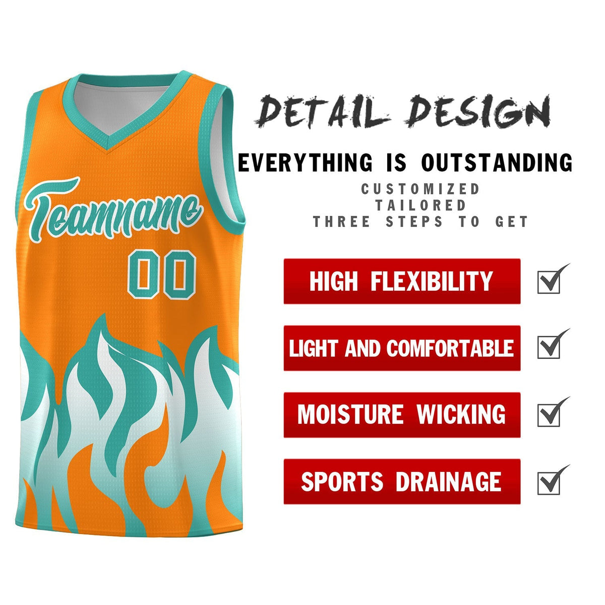 Custom Orange Bright Green Hem Flame Pattern Fashion Sports Uniform Basketball Kits