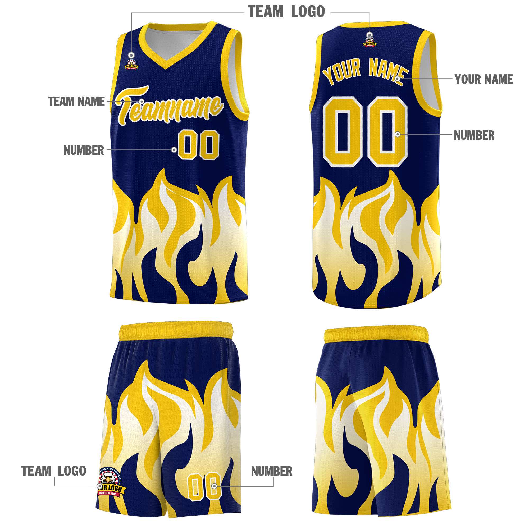Custom Navy Gold Hem Flame Pattern Fashion Sports Uniform Basketball Kits