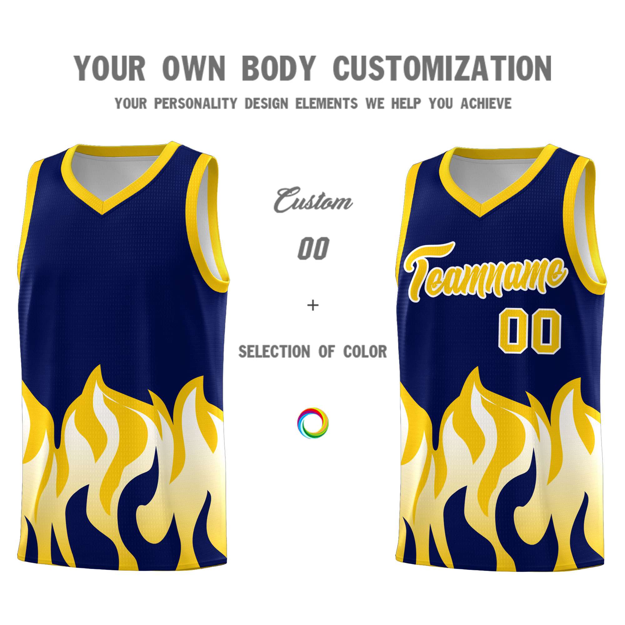Custom Navy Gold Hem Flame Pattern Fashion Sports Uniform Basketball Kits