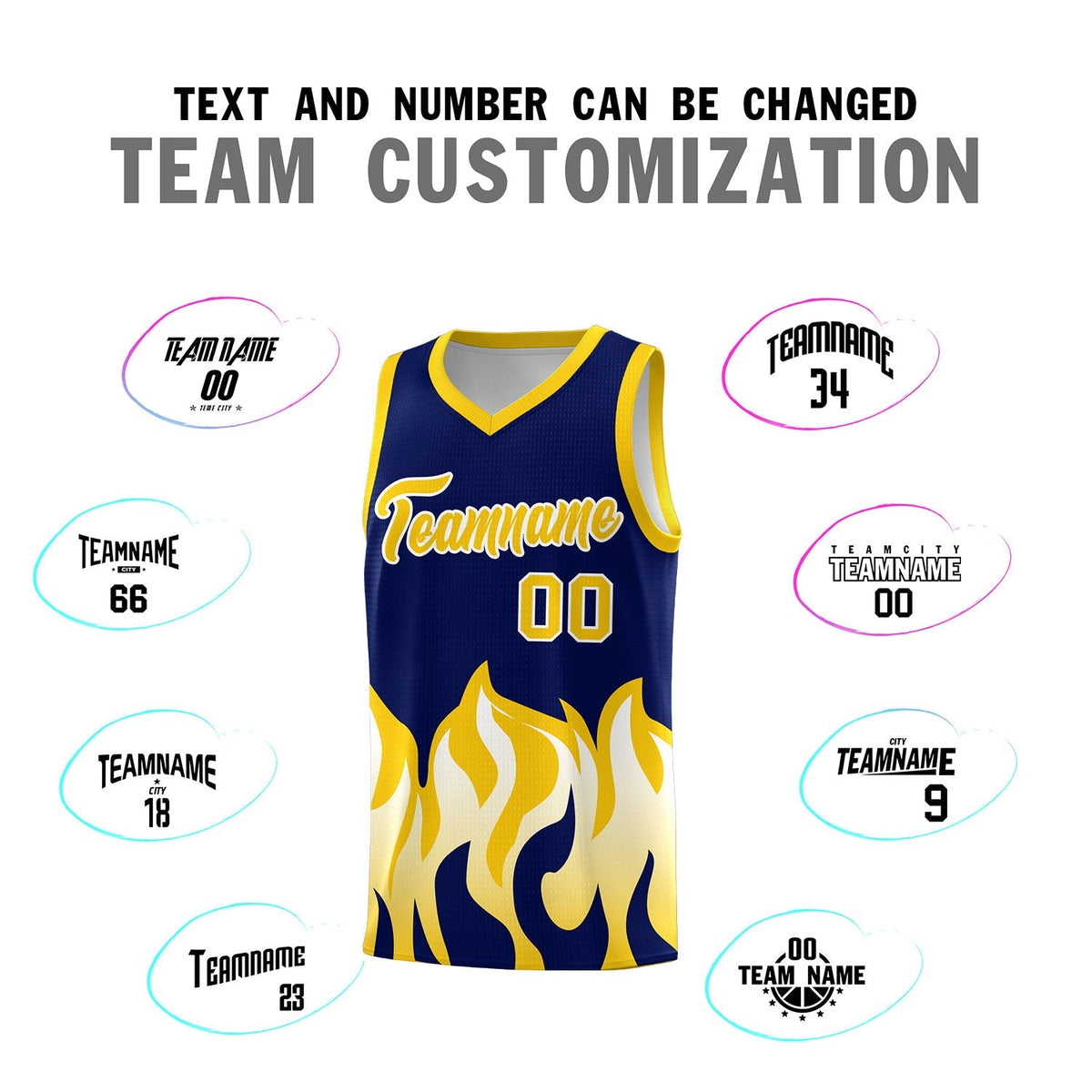 Custom Navy Gold Hem Flame Pattern Fashion Sports Uniform Basketball Kits