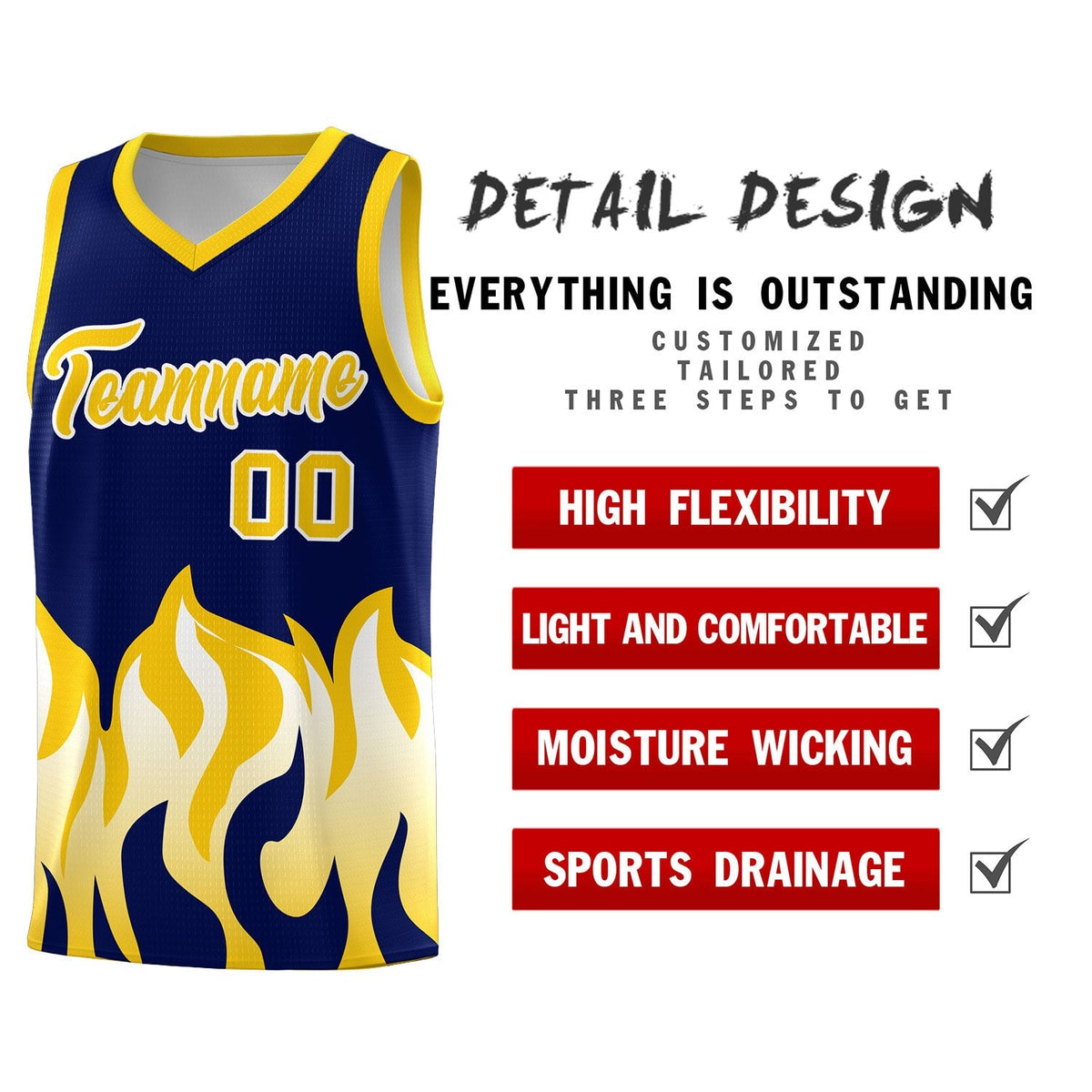 Custom Navy Gold Hem Flame Pattern Fashion Sports Uniform Basketball Kits
