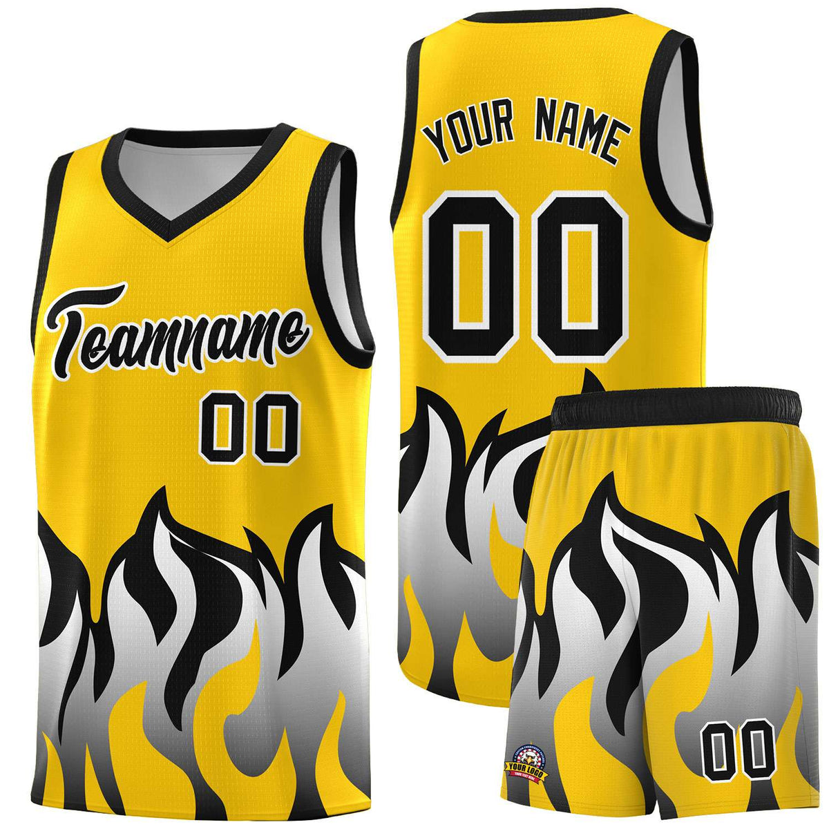 Custom Gold Black Hem Flame Pattern Fashion Sports Uniform Basketball Kits
