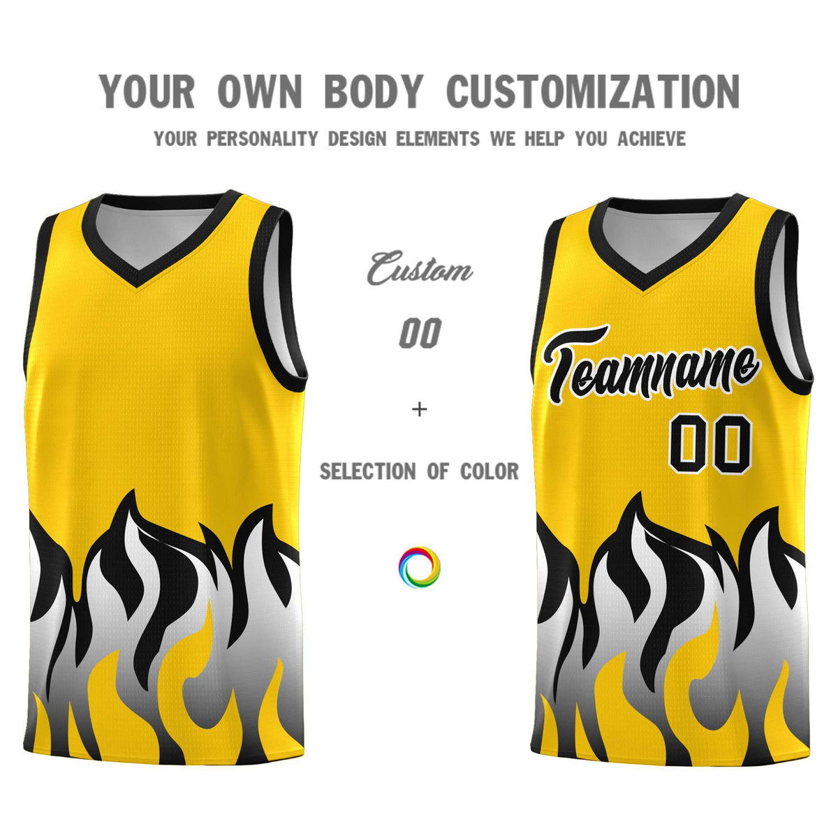 Custom Gold Black Hem Flame Pattern Fashion Sports Uniform Basketball Kits