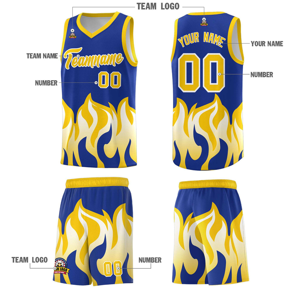 Custom Royal Gold Hem Flame Pattern Fashion Sports Uniform Basketball Kits