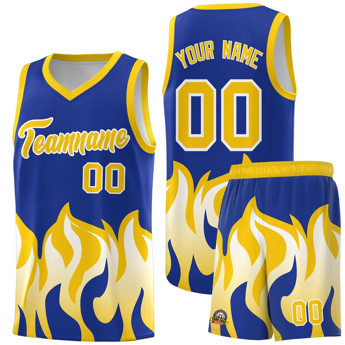Custom Royal Gold Hem Flame Pattern Fashion Sports Uniform Basketball Kits