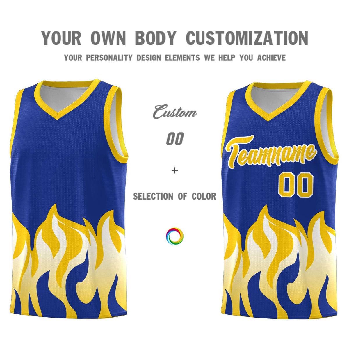 Custom Royal Gold Hem Flame Pattern Fashion Sports Uniform Basketball Kits