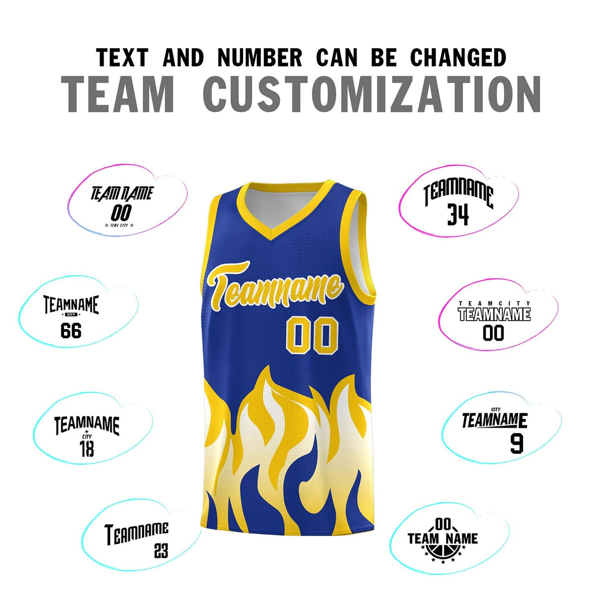 Custom Royal Gold Hem Flame Pattern Fashion Sports Uniform Basketball Kits