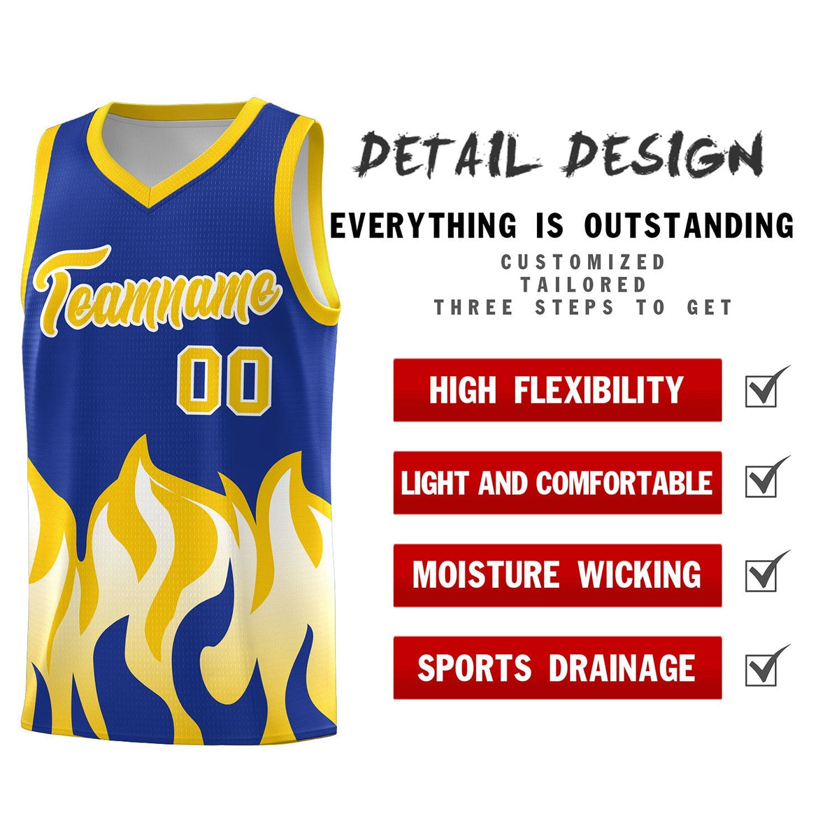 Custom Royal Gold Hem Flame Pattern Fashion Sports Uniform Basketball Kits