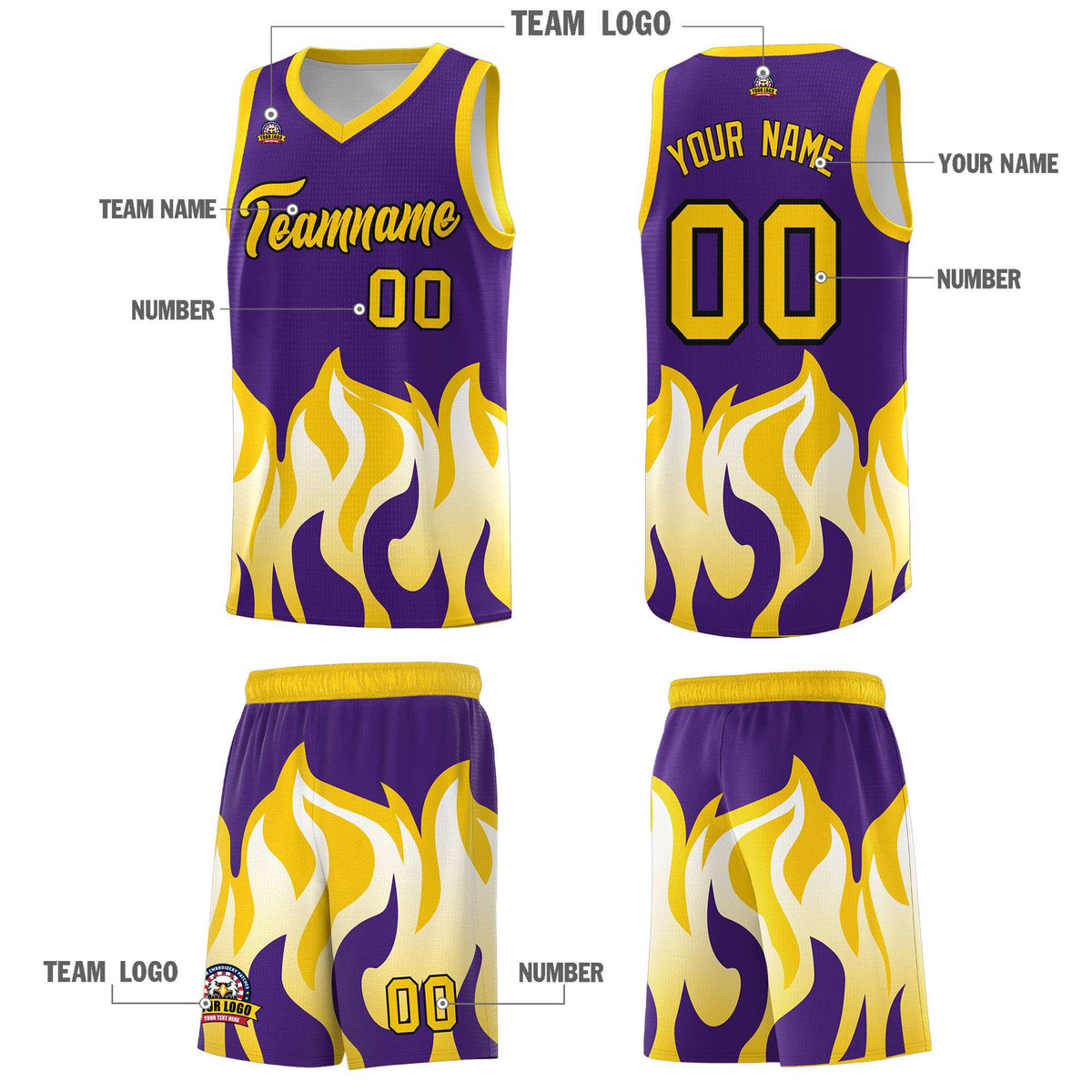 Custom Purple Gold Hem Flame Pattern Fashion Sports Uniform Basketball Kits