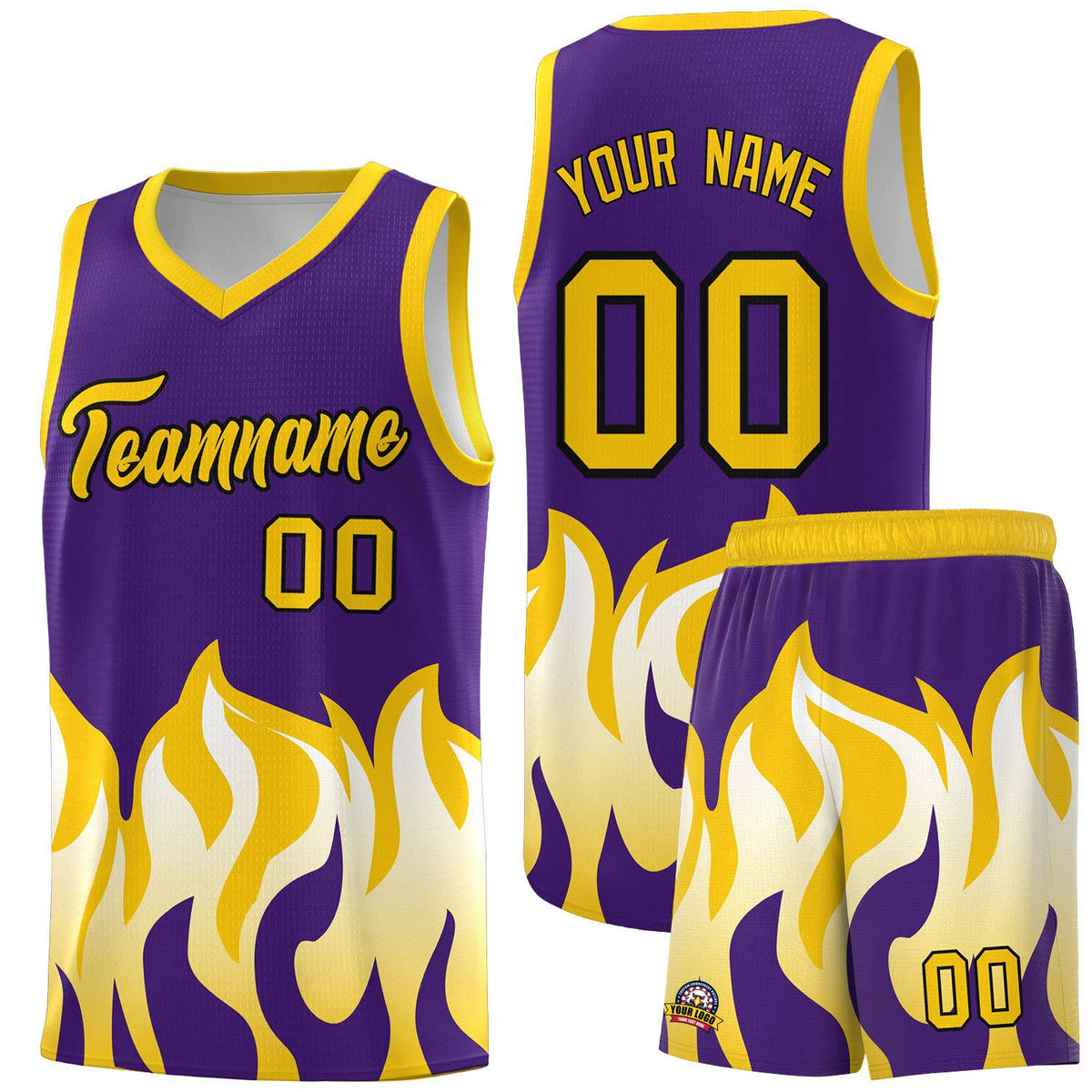 Custom Purple Gold Hem Flame Pattern Fashion Sports Uniform Basketball Kits