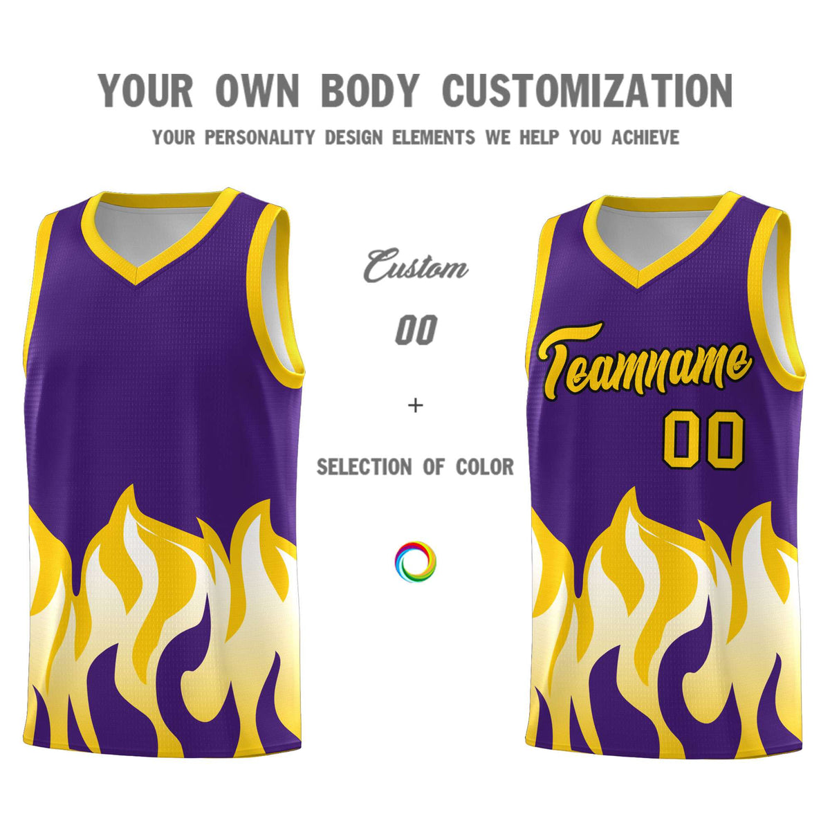 Custom Purple Gold Hem Flame Pattern Fashion Sports Uniform Basketball Kits