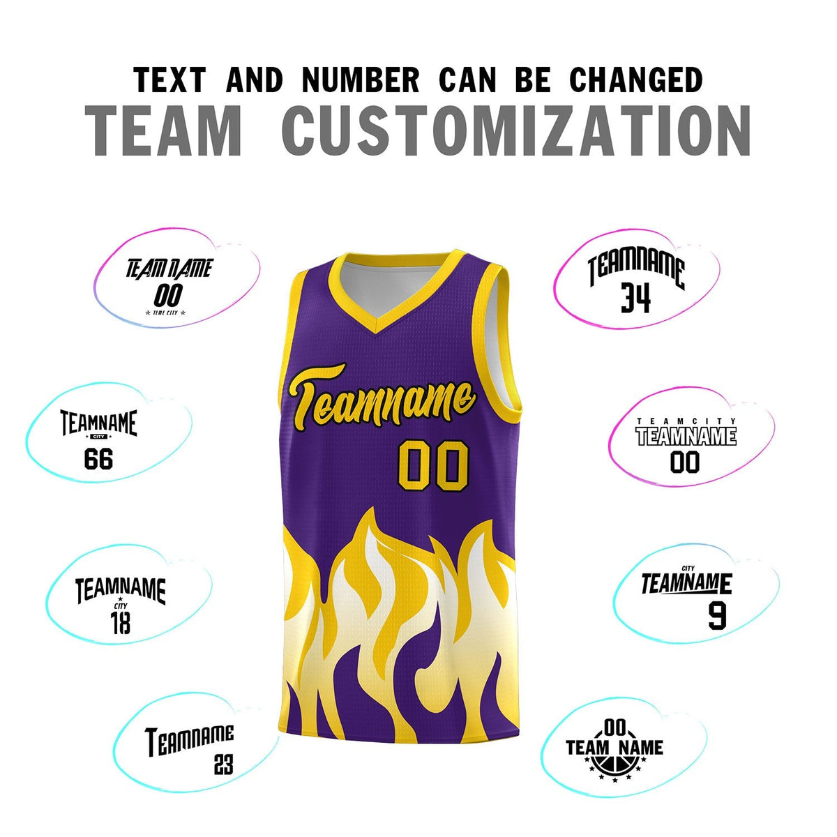 Custom Purple Gold Hem Flame Pattern Fashion Sports Uniform Basketball Kits