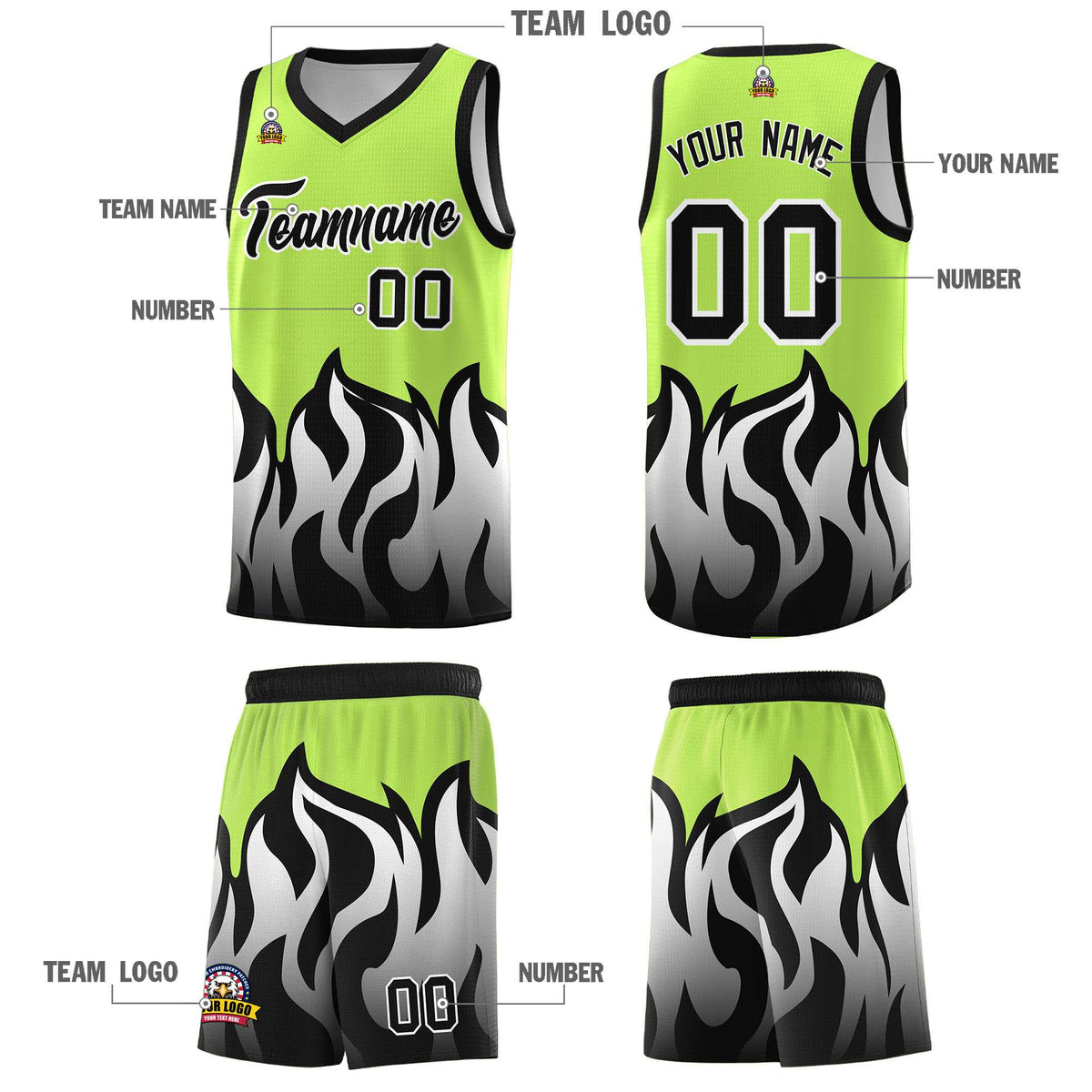 Custom Neon Green Black Hem Flame Pattern Fashion Sports Uniform Basketball Kits