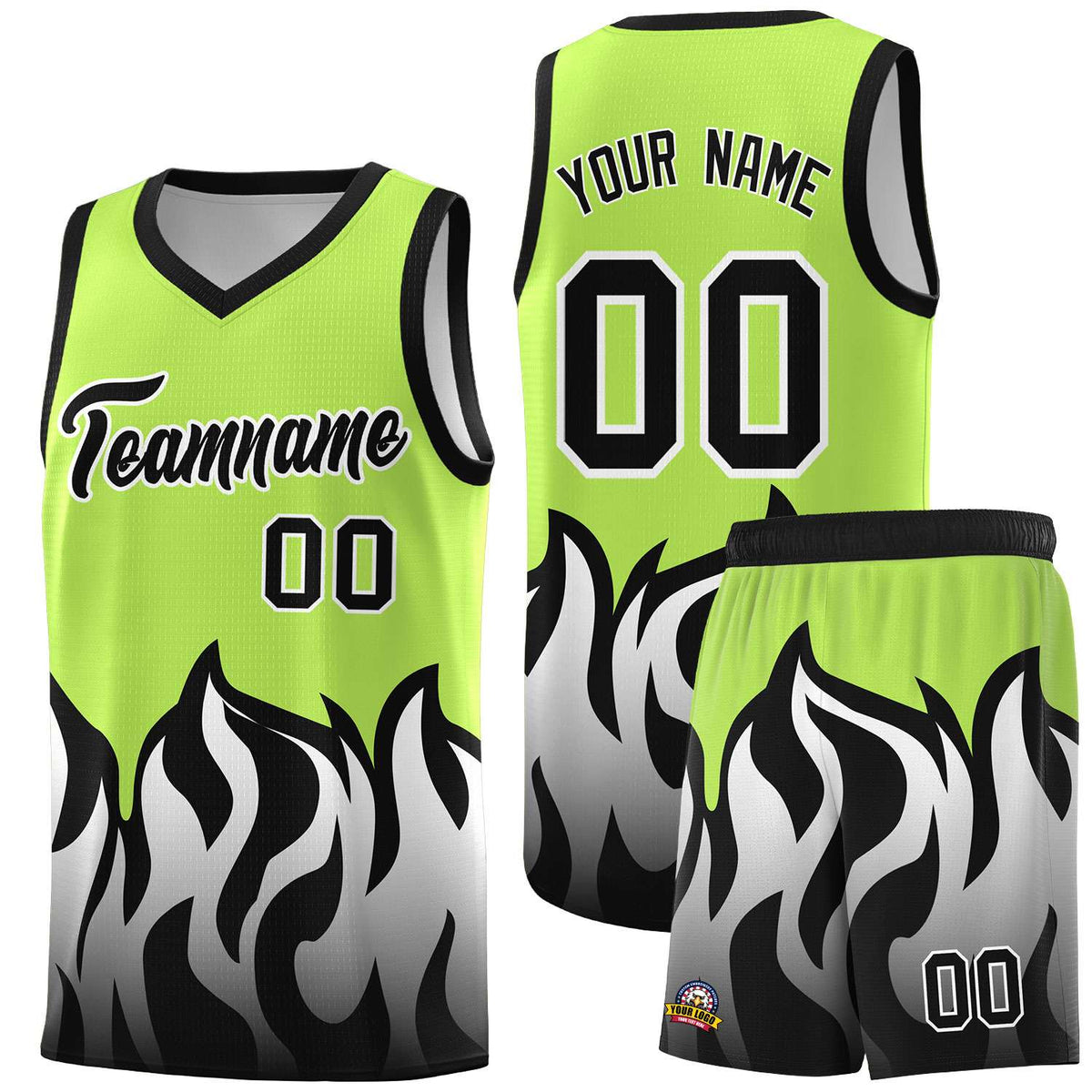 Custom Neon Green Black Hem Flame Pattern Fashion Sports Uniform Basketball Kits