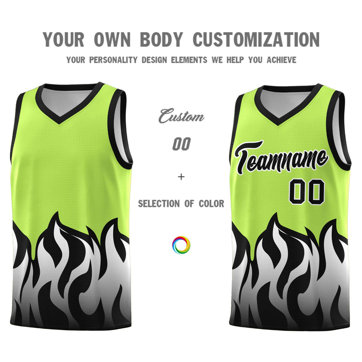 Custom Neon Green Black Hem Flame Pattern Fashion Sports Uniform Basketball Kits