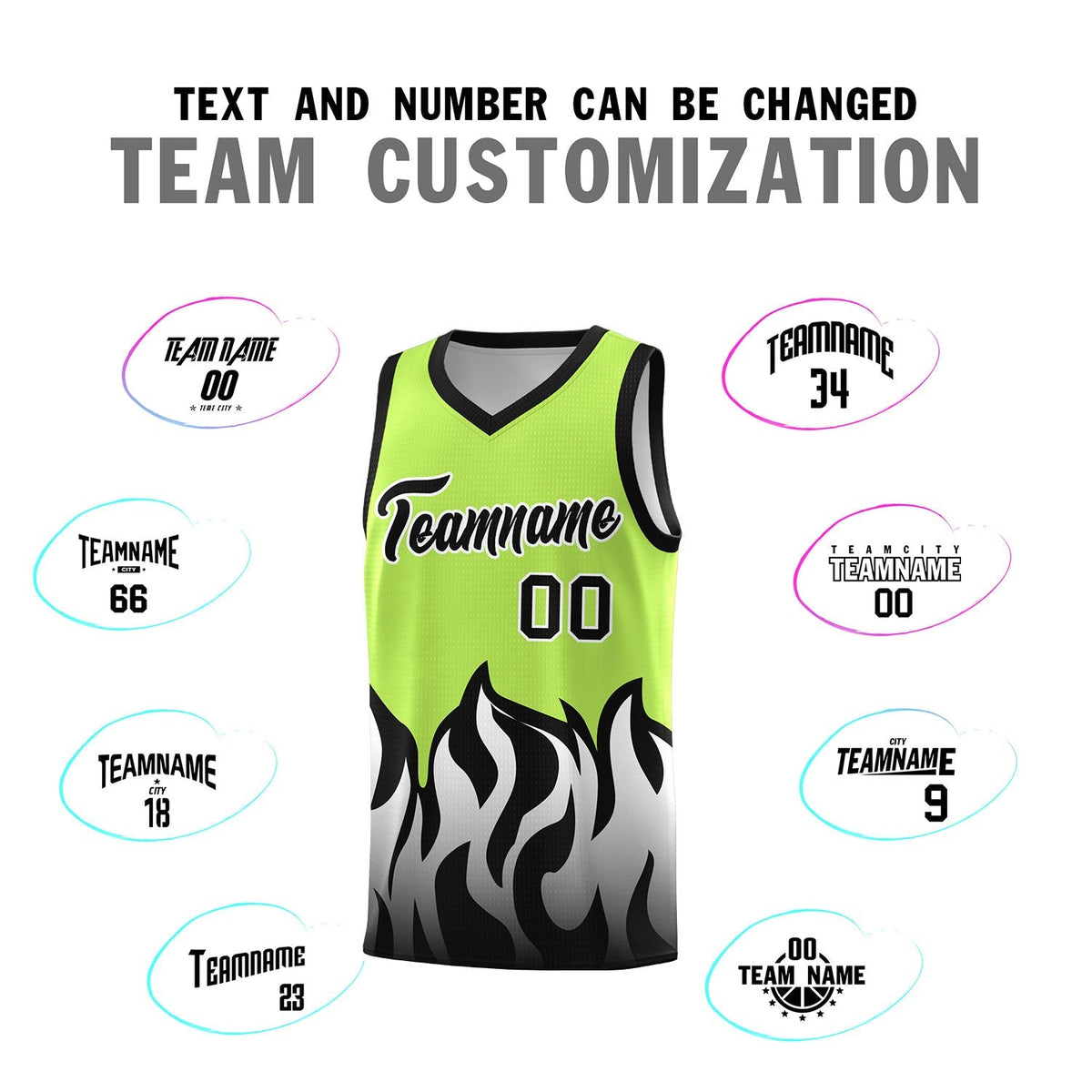 Custom Neon Green Black Hem Flame Pattern Fashion Sports Uniform Basketball Kits