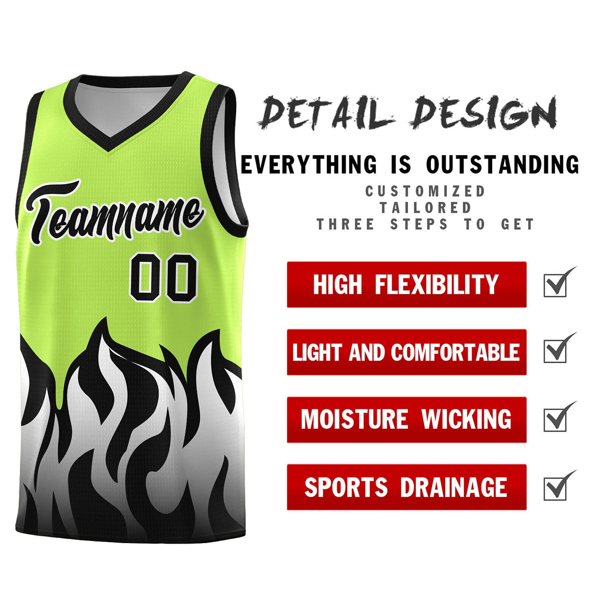Custom Neon Green Black Hem Flame Pattern Fashion Sports Uniform Basketball Kits