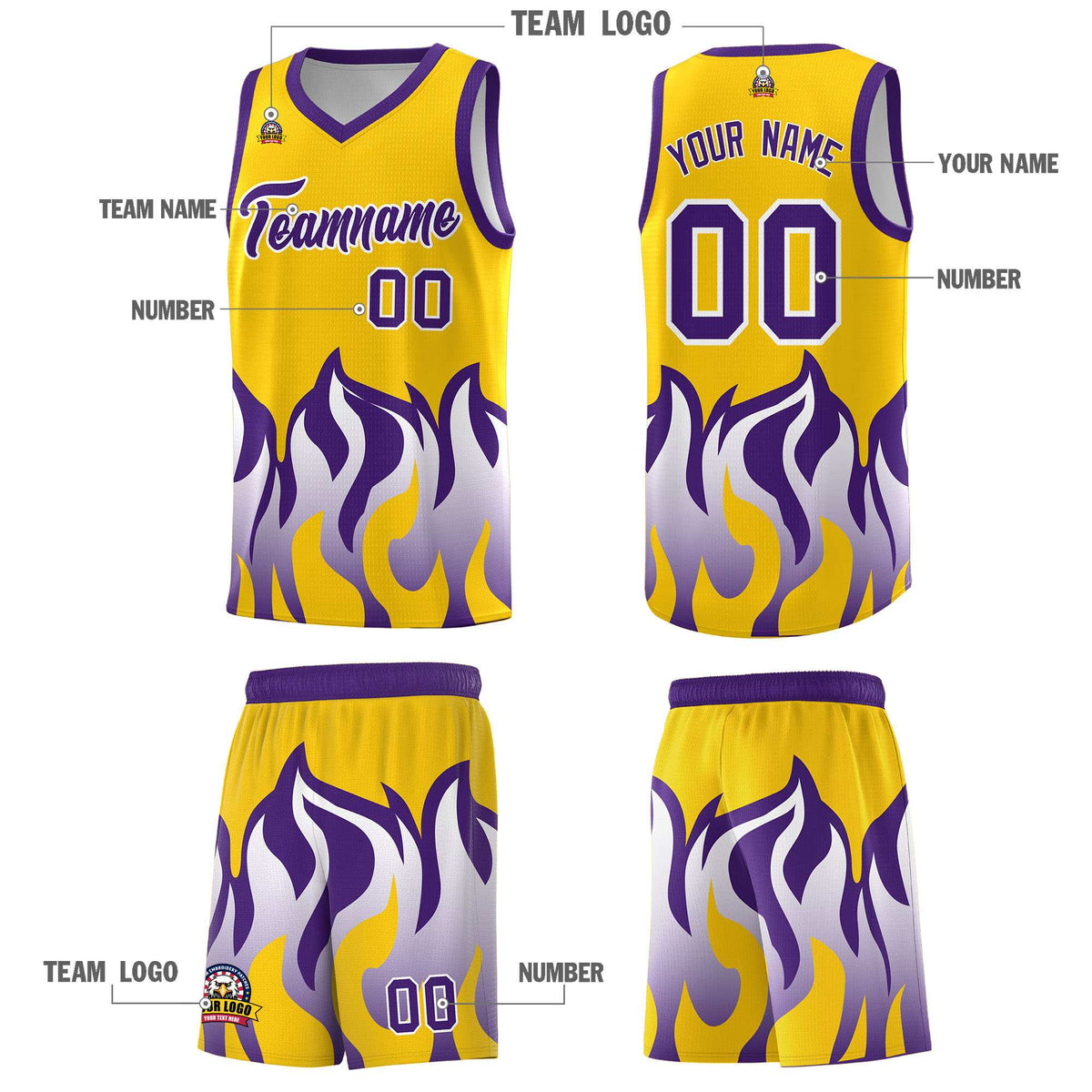 Custom Yellow Purple Hem Flame Pattern Fashion Sports Uniform Basketball Kits