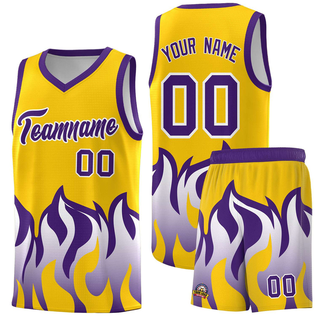 Custom Yellow Purple Hem Flame Pattern Fashion Sports Uniform Basketball Kits