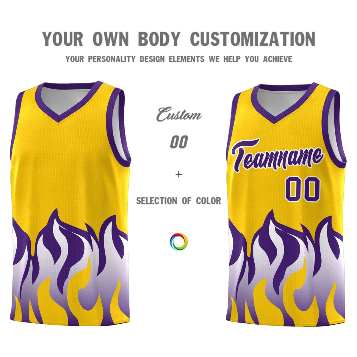 Custom Yellow Purple Hem Flame Pattern Fashion Sports Uniform Basketball Kits