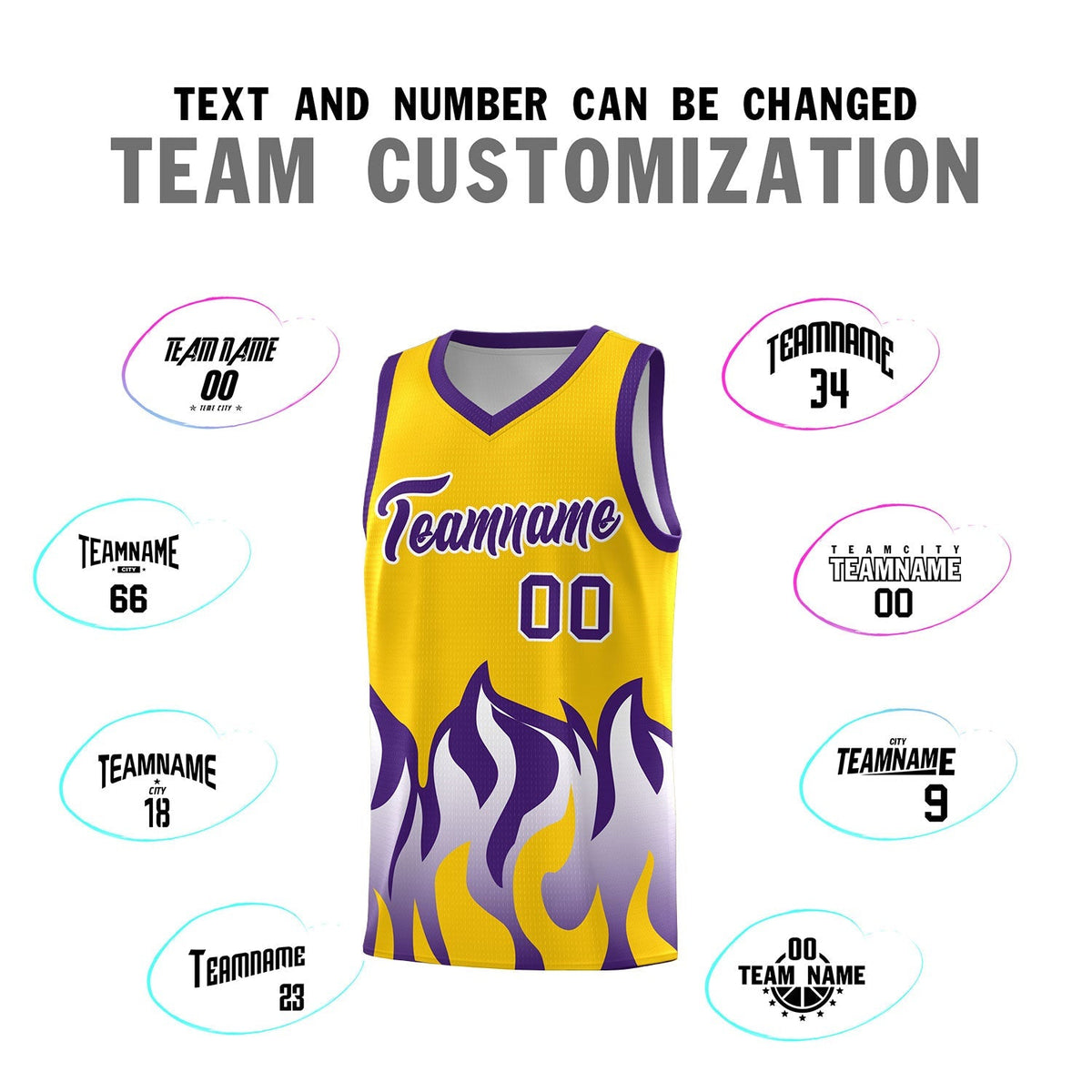 Custom Yellow Purple Hem Flame Pattern Fashion Sports Uniform Basketball Kits