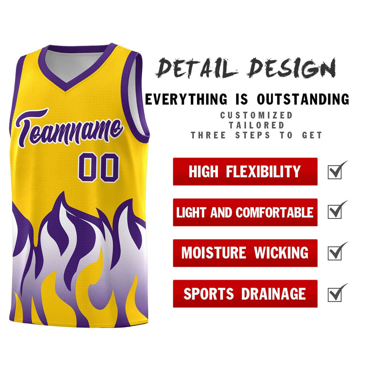 Custom Yellow Purple Hem Flame Pattern Fashion Sports Uniform Basketball Kits